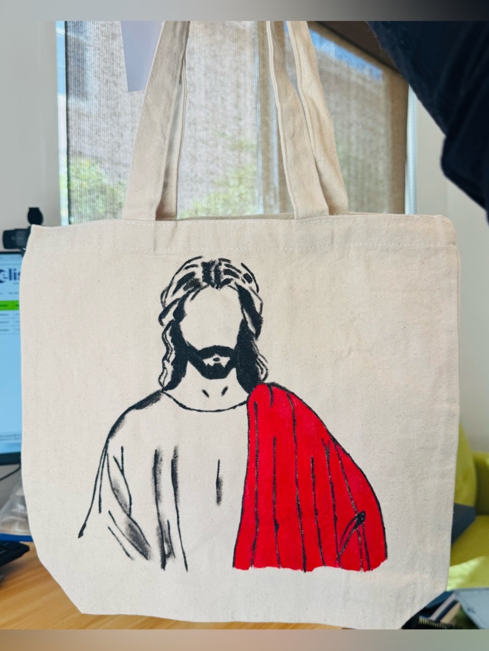 Canvas Tote Bag with Red-Accent Religious Illustration